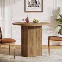 LITTLE TREE 80cm Brown 2-Seater Round Dining Table Ribbed Wooden Base Compact Kitchen Small Apartment Decor - Oak - View 3