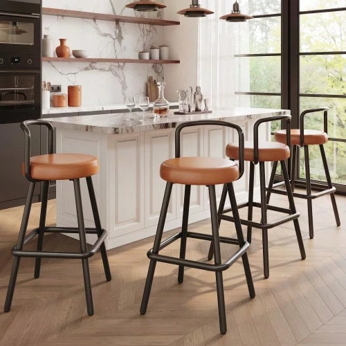 Modern Bar Stool Set Of 4 With Ergonomic Backrest, Water-Resistant PU Leather And Stable Iron Legs, Bar Stool With Backrest, Footrest For Bar Kitchen & Dining Room, Brown - 棕色 - 查看 1