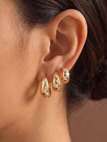3 Pairs/Set Minimalist Luxury Alloy Gold-Plated Silver-Plated Eight-Pointed Star Zirconia-Inlaid Oval Ear Clips Earrings For Women Daily Commute Date Party - Multicolor - View 2