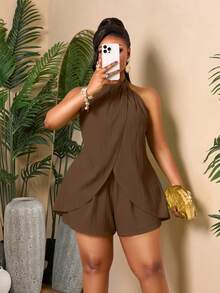 BIUBIU Women's Fashion Plus Size Brown Pleated Short Jumpsuit, Sleeveless Round Neck Tie Back, Woven Fabric, Suitable For Autumn Wear Summer - Brown - View 6