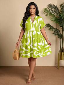 BIUBIU Women's Plus Size Notched Neck Short Sleeve Knee Length Dress,Tropical Outfits Plus Size Elegant Summer - Green - View 5