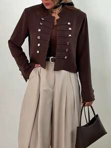 Women's Elegant Vintage Court Style Stand Collar Double-Breasted Long Sleeve Jacket (With Shoulder Pads) Solid Color Front Button Double-Breasted Versatile Commute Office Daily Date - Brown - View 6