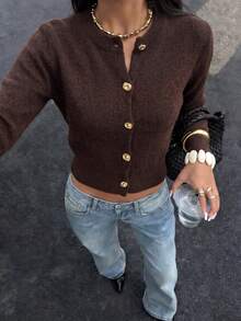 Women's Casual Cute Y2K Gold Button Long Sleeve Knit Cardigan Sweater , French Style Autumn/Winter Outing Back To School Date Commute Brown - Brown - View 8