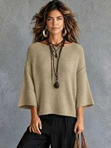 Women's Casual Rib-Knit Pullover Sweater Solid Color Boat Neck Three-Quarter Sleeves Drop Shoulder Knit Top - Khaki - View 7