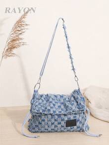 Denim Checkered Fringe Crossbody Bag Large Capacity Raw Edge Tote Bag Shoulder Bag Drawstring Casual Suitable For Daily Outings, Campus, Shopping - Baby Blue - View 1