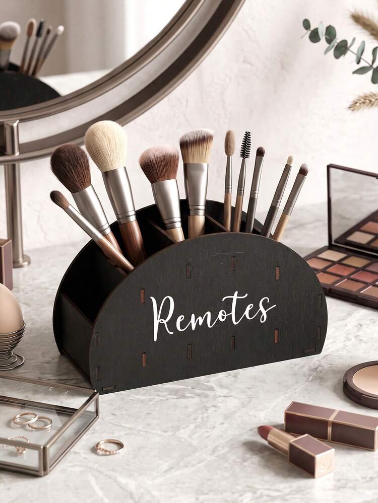 1pc Wooden Multi-Compartment Makeup Brush Holder, Lipstick And Eyeliner Storage Box, Remote Control Organizer, Pencil Holder, Pen Holder, Living Room Sofa Coffee Table Decorative Black Wooden Remote Control Storage Rack, Vanity Storage, Desktop Organizer, Multi-Functional Desktop Storage Rack, Desktop Decoration, Room Storage, Back To School Supplies - Black - View 2