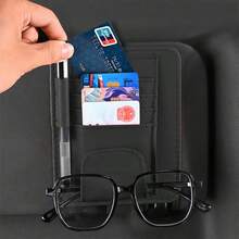 1pc Black Minimalist Car Leather Storage Bag, Hanging On Sun Visor, Compartment Pockets, One-Stop Storage For Cards, Glasses And Coins - Sun Visor Card Holder - View 4