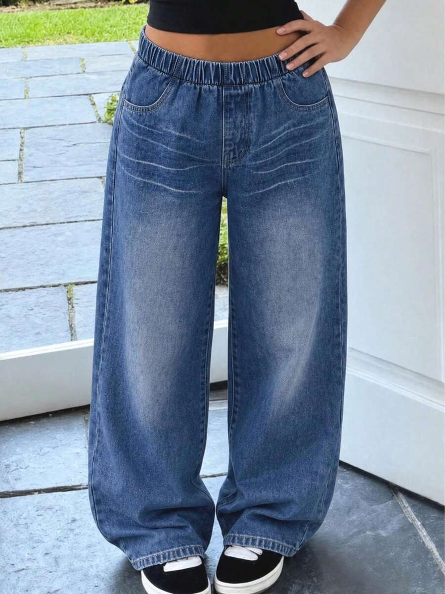 1 pieza Jeans de mezclilla lavada con cintura elástica, pierna ancha y recta, sueltos, para uso casual diario de niñas - Lavado ligero - Ver 1