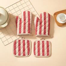 2Pcs Kitchen Heat Resistant Gloves Set Red Stripe Cotton Linen Oven Mitt Pot Holder Non-Slip Insulation Pads For Microwave Baking - View 5