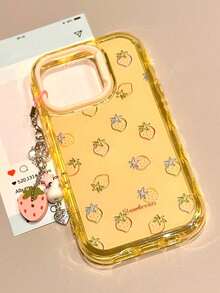 1件全螢幕草莓手機殼，適用 16promax/iPhone16pro，韓系 Ins 風格，新款 15/14 小眾創意高級感 13 可愛卡通 11/12 女生款，相容 iPhone17Promax 17pro 17 17Air，清新草莓附掛繩智慧型手機保護殼 - 黃色 - 查看 3