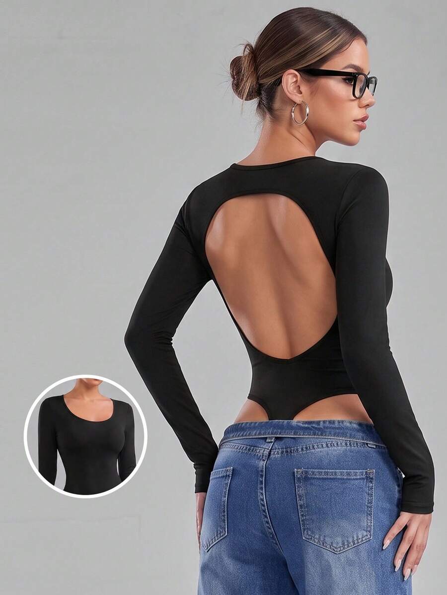 imisic Sexy Long Sleeve Round Neck Hollow Back Design Women's Bodysuit. Essential For Going Out, A Body-Shaping Style. Tight-Fitting Round Neck Long Sleeve Bodysuit, Suitable For Sports, Home And Daily Activities - Black - View 1