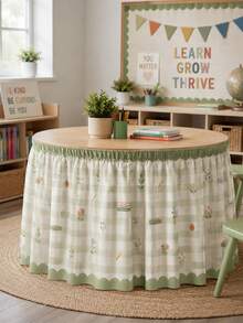 1pc Light Green Plaid Classroom Table Skirt, Sweet Campus Theme Polyester Tablecloth, Daisy Bow Apple Pencil Pattern, School Day Decoration Table Skirt, Suitable For Teacher Gifts, Home Decor, Classroom Decor And Party Decoration - Multicolor - View 10