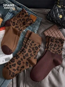 3 Pairs Women's Fashion Leopard Print Mid-Calf Socks, Breathable And Comfortable, Random Color, Suitable For Daily Wear And Outings, All-Season Style - Multicolor - View 10