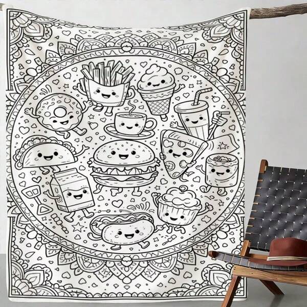 Healing Hand-Drawn Style Food Theme Printed Flannel Blanket, Cute Anthropomorphic Food Pattern Coloring Design Throw Blanket, Home Bedroom Living Room Sofa Nap Blanket, Office Air-Conditioned Room Warm Blanket, Creative Stress-Relief Comfortable Skin-Friendly Soft Blanket, Leisure Relaxing Atmosphere Decorative Blanket
