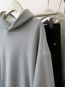 Women's Solid Color Hooded Sweatshirt, Spring/Autumn Loose Drop Shoulder Slouchy Light Gray Basic Versatile Casual Top - Light Grey - View 4