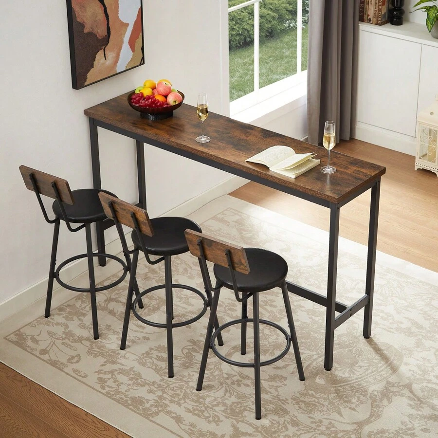 Long Bar Table With 3 Padded PU Bar Stools, Industrial-Style Bar Table And Chairs For Kitchen, Dining Room, Living Room, Banquet Hall, In Rustic Brown And Black Tones. - Rustic Brown - View 1