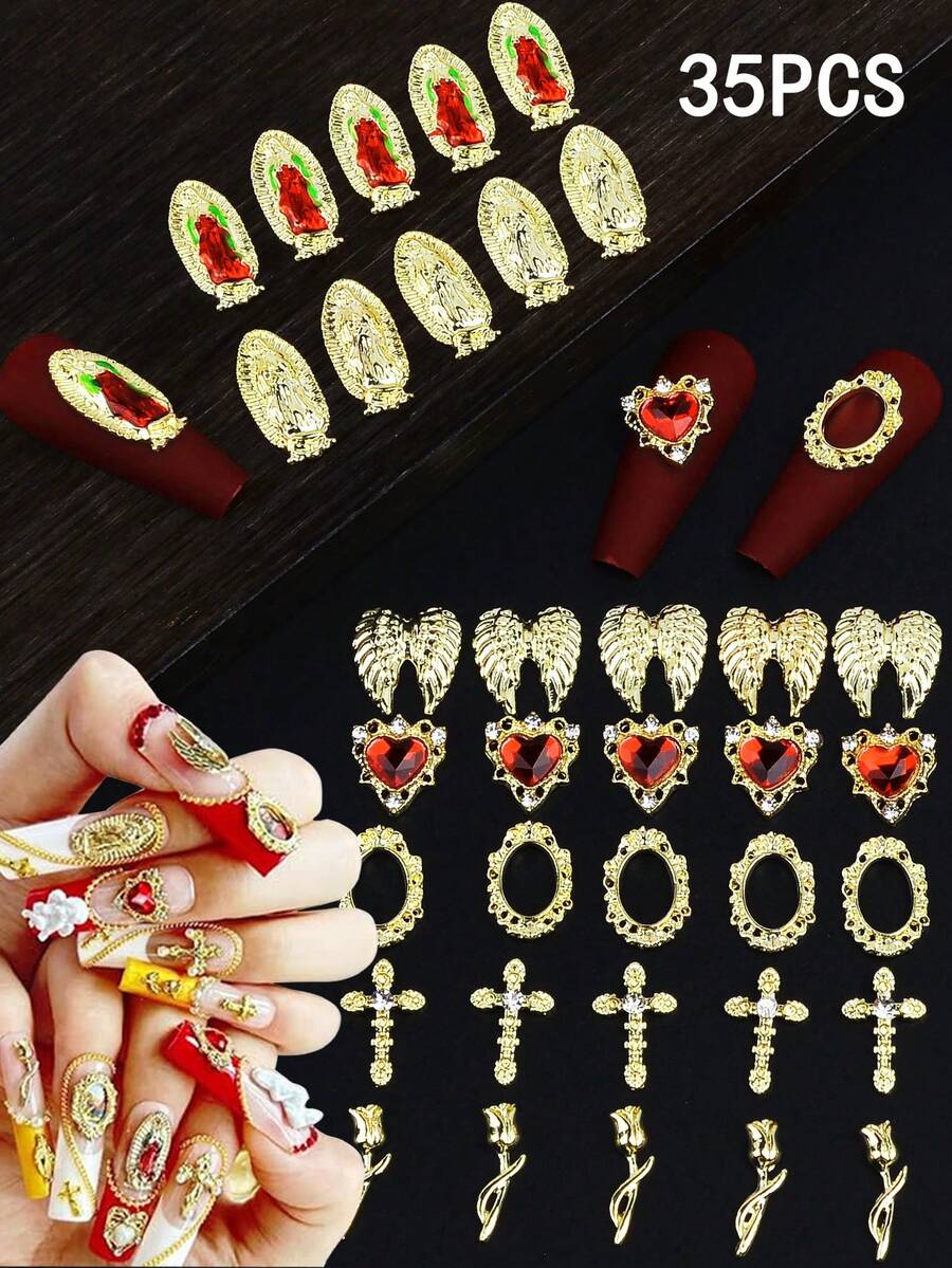 35pcs Mixed Color Nail Art Decorations, Including Virgin Mary, Cross, Heart And Angel Patterns, Suitable For DIY Nail Art And Decorating Women's Nails