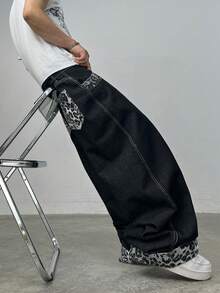 Justice Brother 1pc American Streetwear Brand Personalized Design Patchwork Leopard Print Men's Denim Jeans All Season Wide Leg Loose Fashion Versatile Long Pants (Belt/Accessories Not Included) - Black - View 4