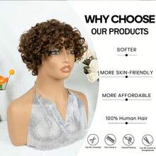 Women' Brazilian Real Human Hair Wig Brown/4#, 1B Color Suitable For Skin Tones - Short Loose Curly Tight Curly Bob Pixie Cut With Bangs & Fringe, Natural Looking Highlighted Wig, No Lace For Daily Wear, Parties, Suitable For Occasions - Multicolor - View 6