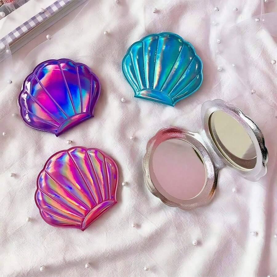 Glitter Shell Makeup Mirror, Double-Sided Magnifying Makeup Mirror, Portable Mini Folding Handheld Small Mirror, Travel Makeup Mirror, Exquisite Small Gift, Suitable For Party, Mirror, School, Cosmetics, Pearl, Distribution, School, Small Mirror - Multicolor - View 1