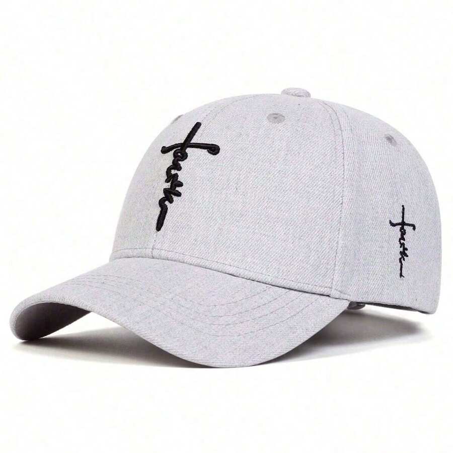 1件男士信仰字母刺繡棒球帽,時尚可調節防曬休閒帽,適合春/秋季旅行、海灘、派對 - 灰色 - 查看 1