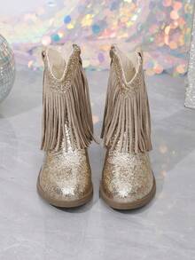 NILOSH Girls' Gold Glitter Tassel Decor Embroidered Side Zipper Round Toe Low Heel Western Cowboy Boots - Gold - View 2