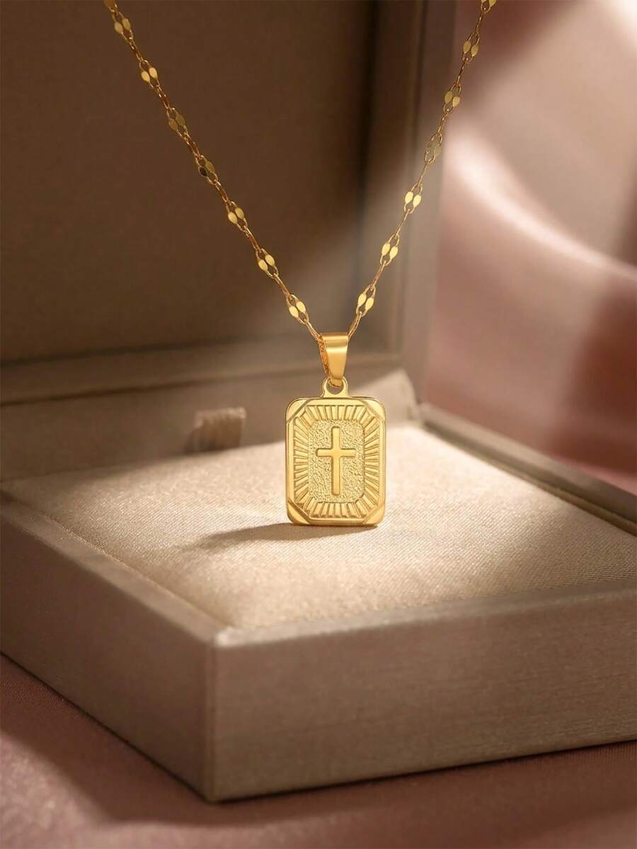 1 buah Kalung Rantai Figaro Emas Liontin Persegi Detail Salib Populer dan Bergaya untuk Anak Laki-laki dan Perempuan, Aksesori Jalanan untuk Pesta, Perhiasan, Hadiah - Emas - View 1