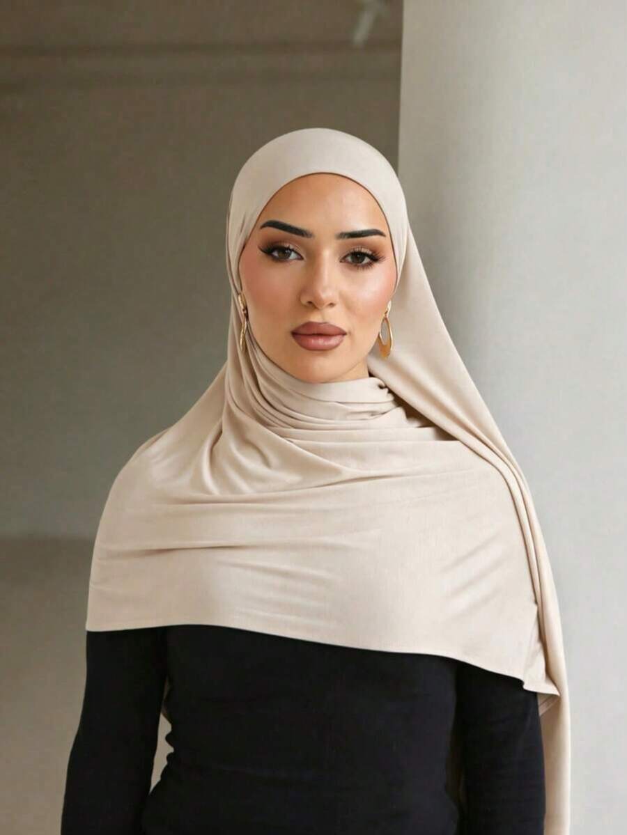 1pc Solid Modal Knit Sports Hijab, Sweat-Wicking Soft Silky Breathable Head Veil For Daily Wear, Outdoor Activities & Religious Prayer - Apricot - View 1