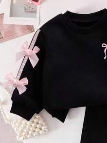 Baby Girl Bow Pattern Ribbon Bow Decor Round Neck Long Sleeve Top And Pants - Black - View 4