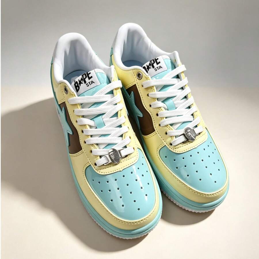 A BATHING APE Bape 休閒滑板鞋 配色拼接星星 Logo 亮面休閒運動鞋 黃綠色 女款