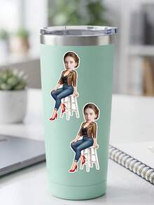 14/20/44pc Custom Face Leopard Print Jacket High Stool Sitting Pose Scrapbook Stickers, Denim Red High Heels Die-Cut Sticker, Journal Album Keepsake Decorative Accessories,Birthday Party Favor,Girlfriends' Afternoon Tea Party Decor - Multicolor - View 6