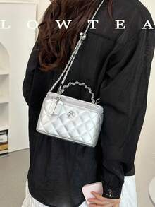 Low Tea 1pc Solid Color PU Fabric Handbag, Women's Fashion Mini Box-Shaped Top Handle Design, Zipper Closure, Vegan Leather Purse, Clean Girl - Silver - View 8