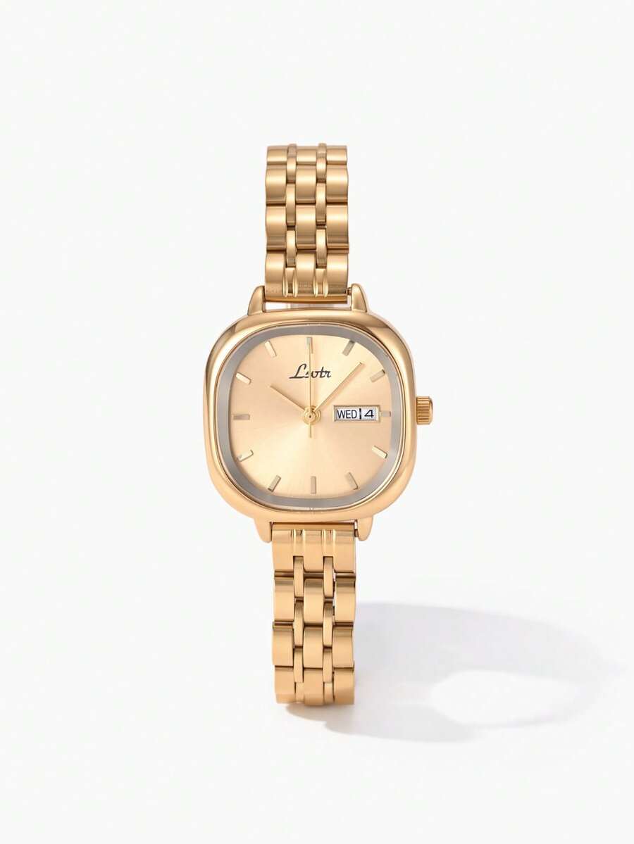 Vandermere 1pc Vintage-Style Gold-Tone Women's Wrist Watch, Square Waterproof Calendar Quartz Watch, Fashionable Artistic Design, Elegant & Personalized - Gold - View 1