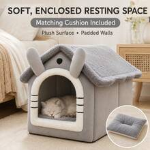 Cute House-Shaped Cat Bed With Matching Cushion, Indoor Plush Pet Cave Bed For Cats And Small Dogs, Brown Bear/Grey, S/M/L - Multicolor - View 7