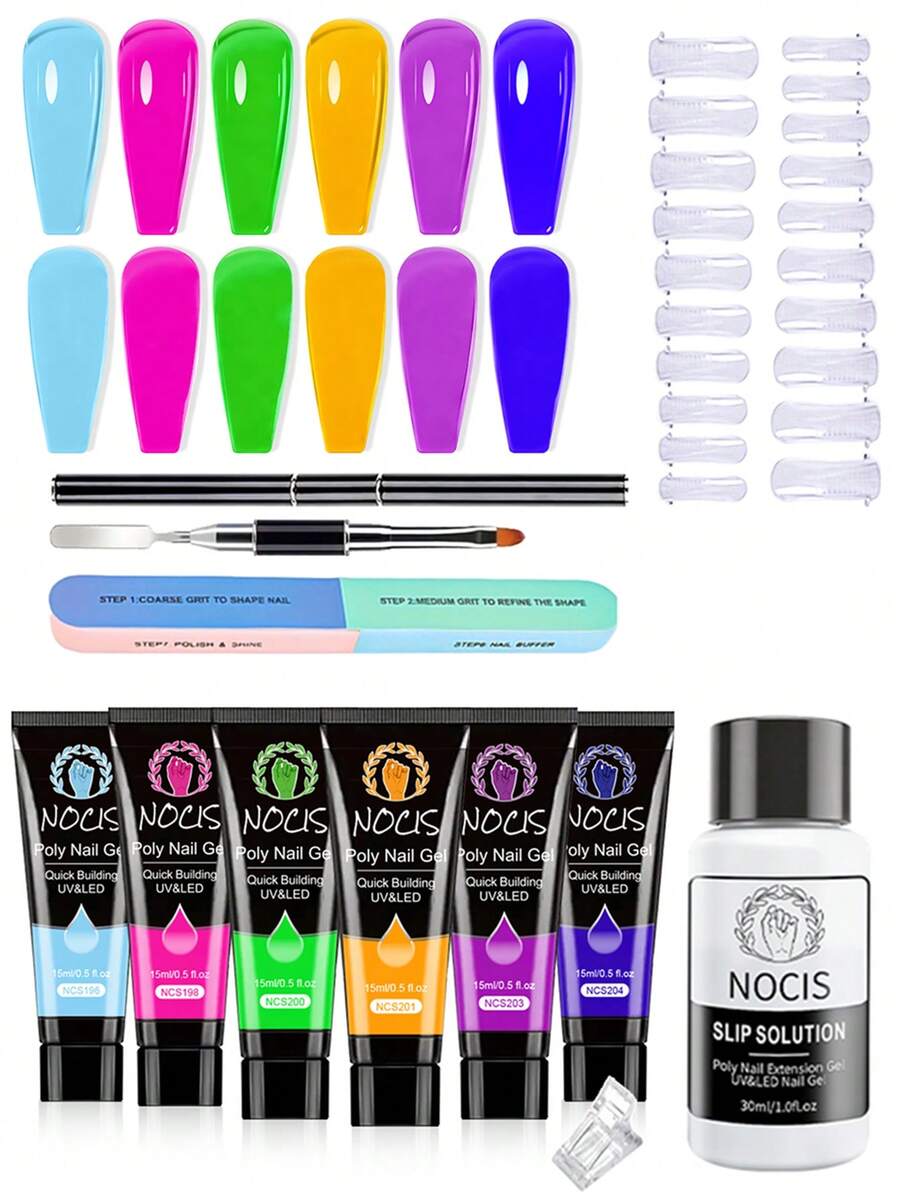 0.5oz Neon 6-Color Polymer Nail Extension Gel Tool Set, Includes Green, Orange And Purple Polymer Nail Gel, And Fast-Curing Nail Extension Gel, Suitable For Salon And Home Nail Design - Multicolor - View 1