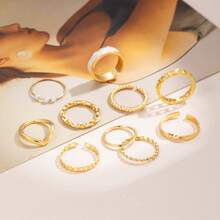 10pcs Metal Drip Oil Pearl Rings Set - Gold - View 2