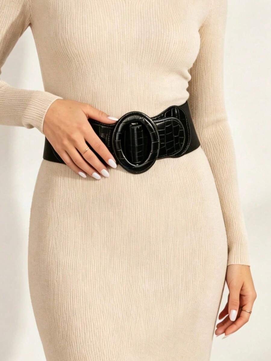 Women Black Crocodile Embossed PU Wide Elastic Waist Belt, Retro Oval Wrap Buckle Stretch Waist Cincher Decorative Waistband For Dress Coat