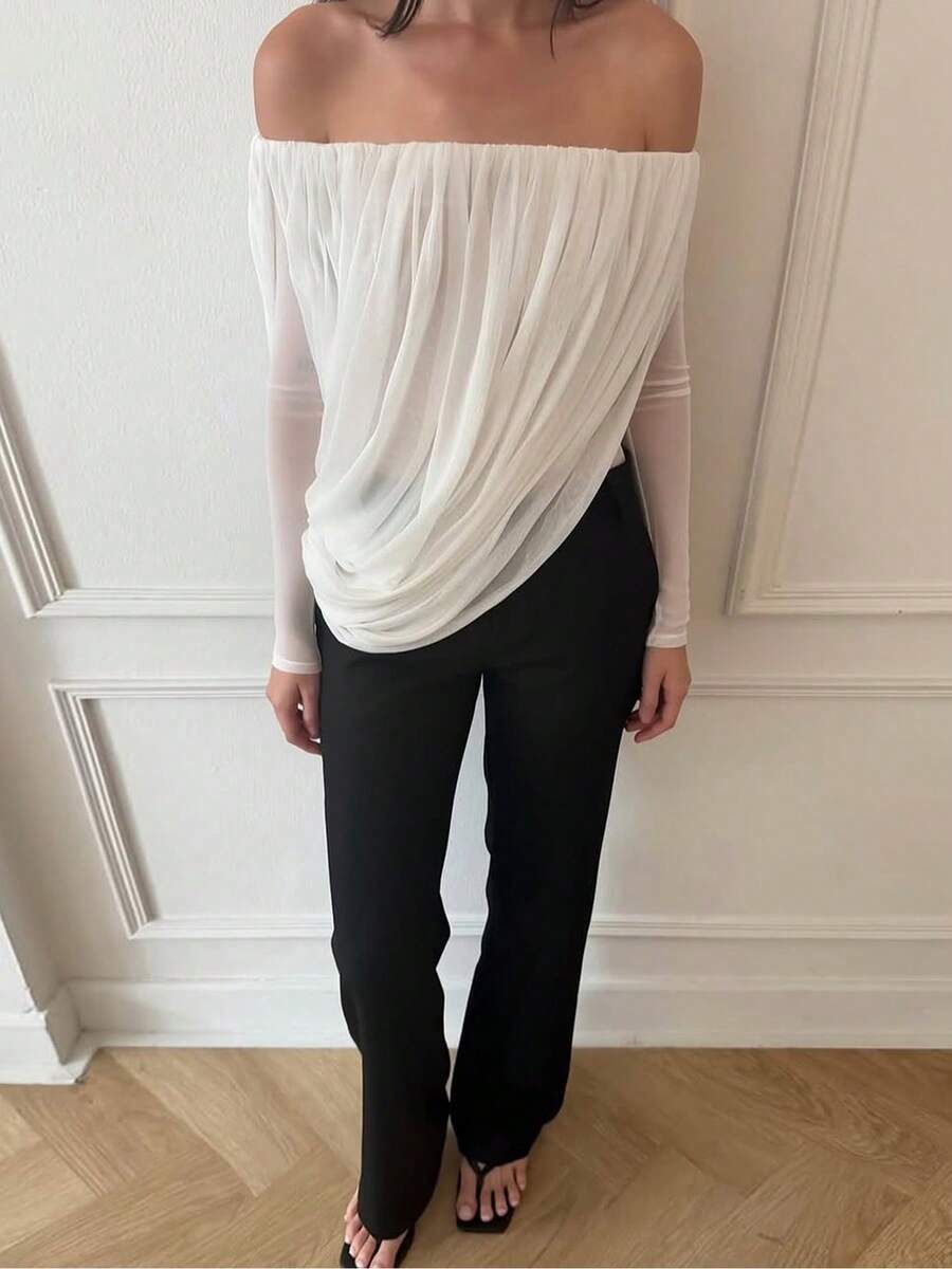 Women's Off The Shoulder Knitted Semi-Sheer Top With Asymmetrical Hem, Long Sleeve Regular Fit For Fall Outfits - White - View 1