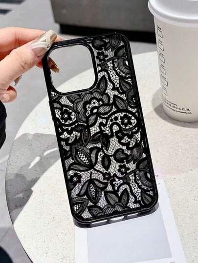 1pc,Transparent Base Vintage Black Hollow Lace Rose Floral Print Black Glossy Frame Large Split Lens Window Hard Phone Case Compatible With IPhone 17 Pro Max 16 15 14 13 12 11 Pro Plus 16E, Full Raised Lens Protection Cover Anti-Fingerprint Shockproof Drop Scratch Resistant PC Cover