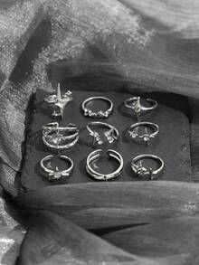 Set de 9 anillos Y2K con mango, estrella y strass, estilo dulce y cool, minimalista, plateado, apilables, para combinar con el outfit diario y el trayecto al trabajo - Plateado - Ver 3