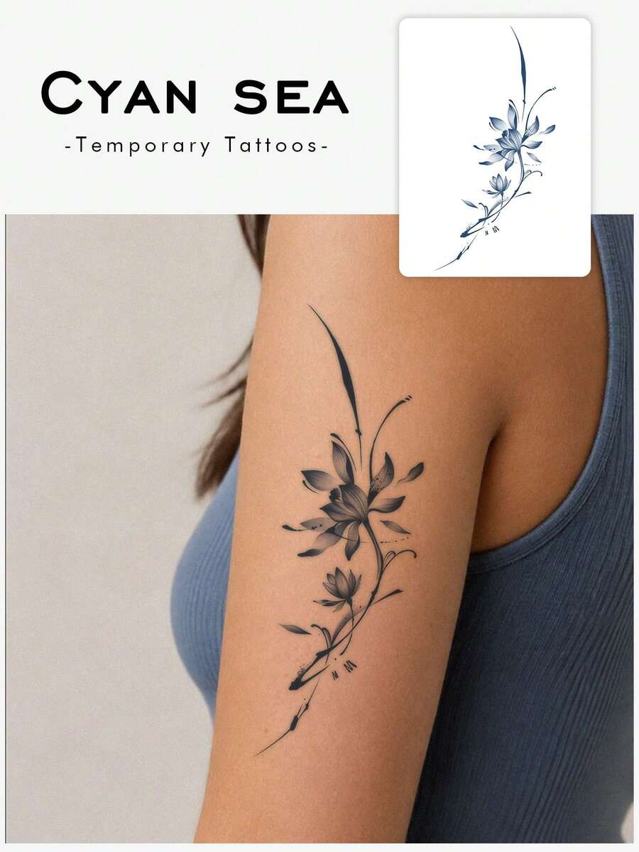 1pc Chinese Style Blue Ink Wash Double Lotus Slim Vertical Strip Temporary Tattoo Sticker, Realistic Fake Tattoo Design, Suitable For Daily Bachelorette Party Favors, Music Festivals, Gaming, Graduation Gifts, Lasts 3-5 Days - Blue - View 1
