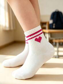 10 Pares de Meias Brancas Aleatórias até a Panturrilha para Crianças, Padrão de Coração Doce & Listras, Meias Casuais Macias para Estudantes - Multicolorido - Visão 11