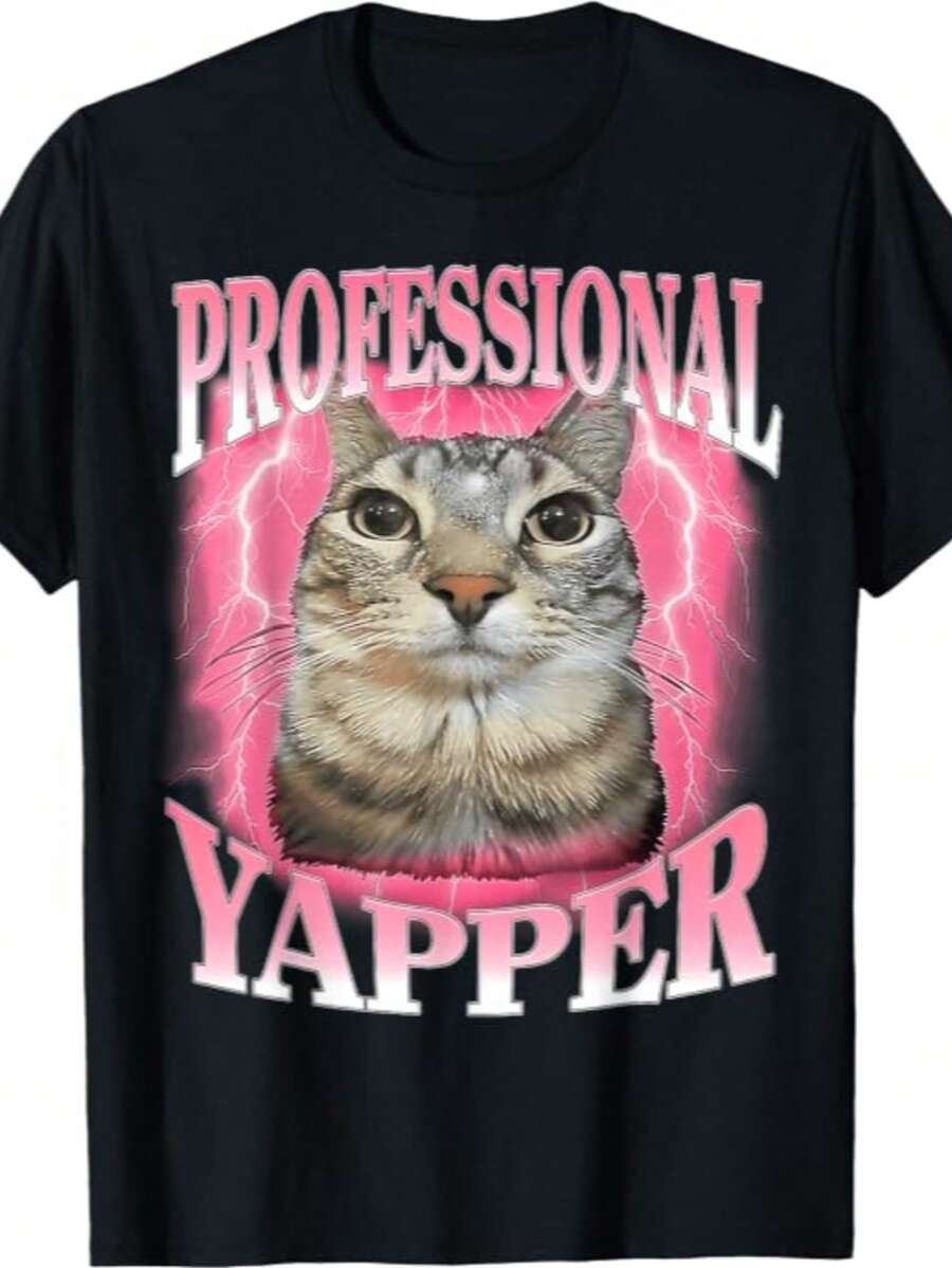 Funny Cat Meme T-Shirt For Men – 'Tummy Ache Survivor' Sarcasm Humor, Casual Round Neck Tee,Meme Shirts, Graphic Tee - 黑色10 - 查看 1