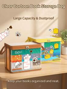 tonxiyuemu 1pc Transparent Cartoon Book Storage Bag With Handle, Dust-Proof Manga Organizer Box, Large Capacity Transparent PVC Textbook Holder For Students And Book Lovers, Moisture-Proof Visible Desktop Storage Bin - Single Piece - View 1