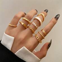 10pcs Metal Drip Oil Pearl Rings Set - Gold - View 1