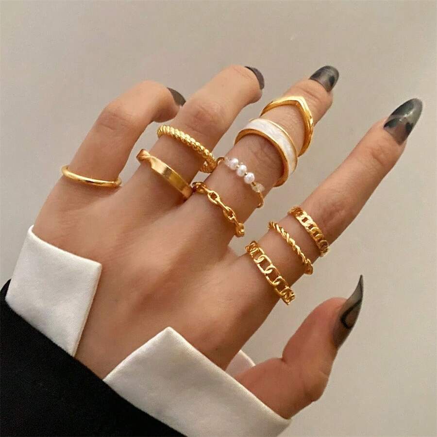 10pcs Metal Drip Oil Pearl Rings Set - Gold - View 1