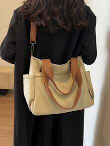 Fashionable Minimalist Solid Color Canvas Bag, New Style College Student Shoulder Crossbody Bag, Women's Casual Multi-Functional Shoulder Tote Bag - Multicolor - View 9