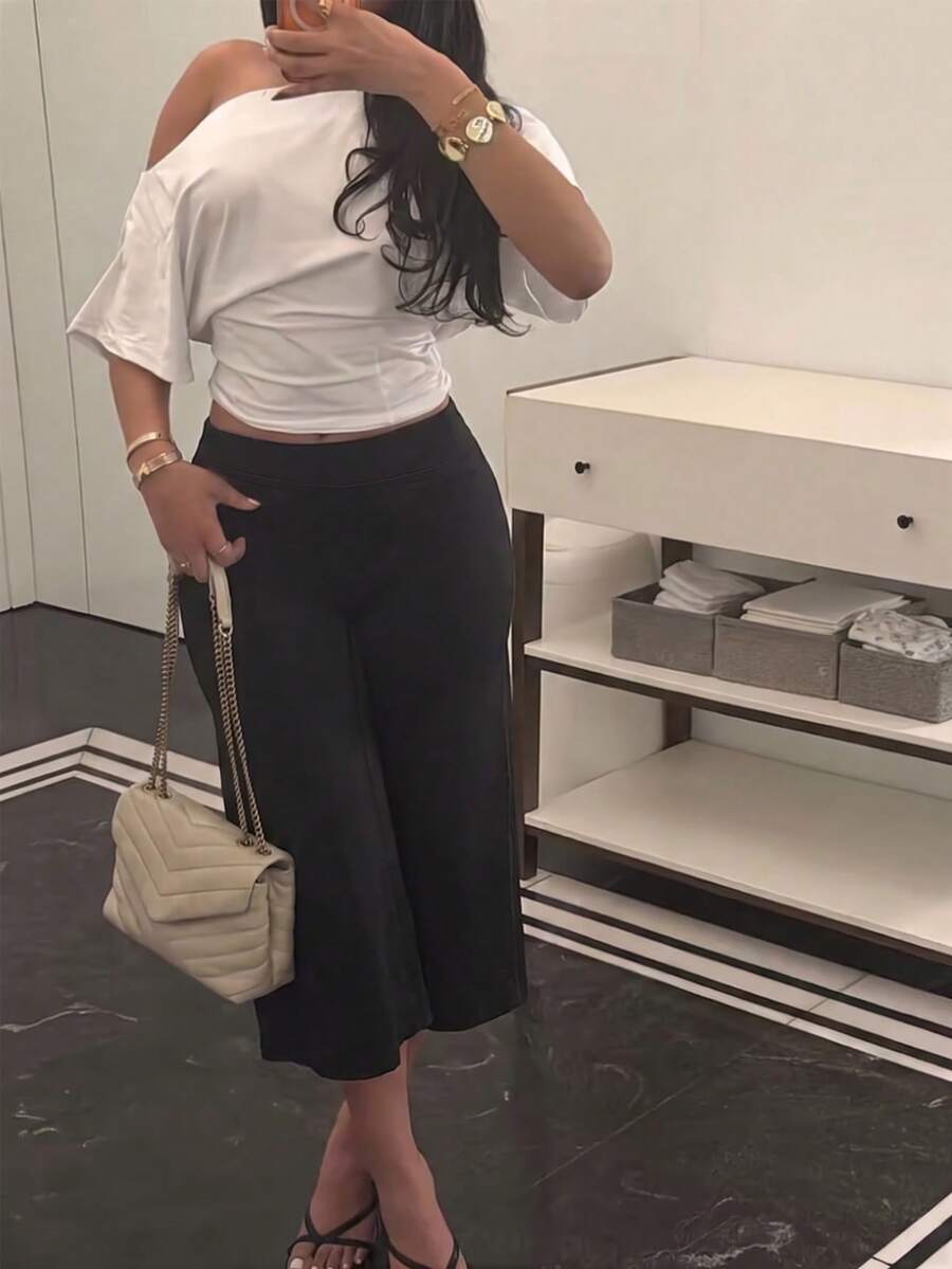 女款柔軟高彈性高腰收腹寬腿九分健身褲 黑色 - 黑色 - 查看 1