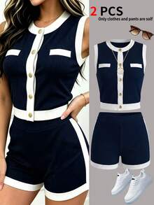 2pcs/Set Women's Colorblock Ribbed Top And Shorts Casual Two Pieces Set, Navy Blue Elegant Summer - Navy Blue and White - View 1