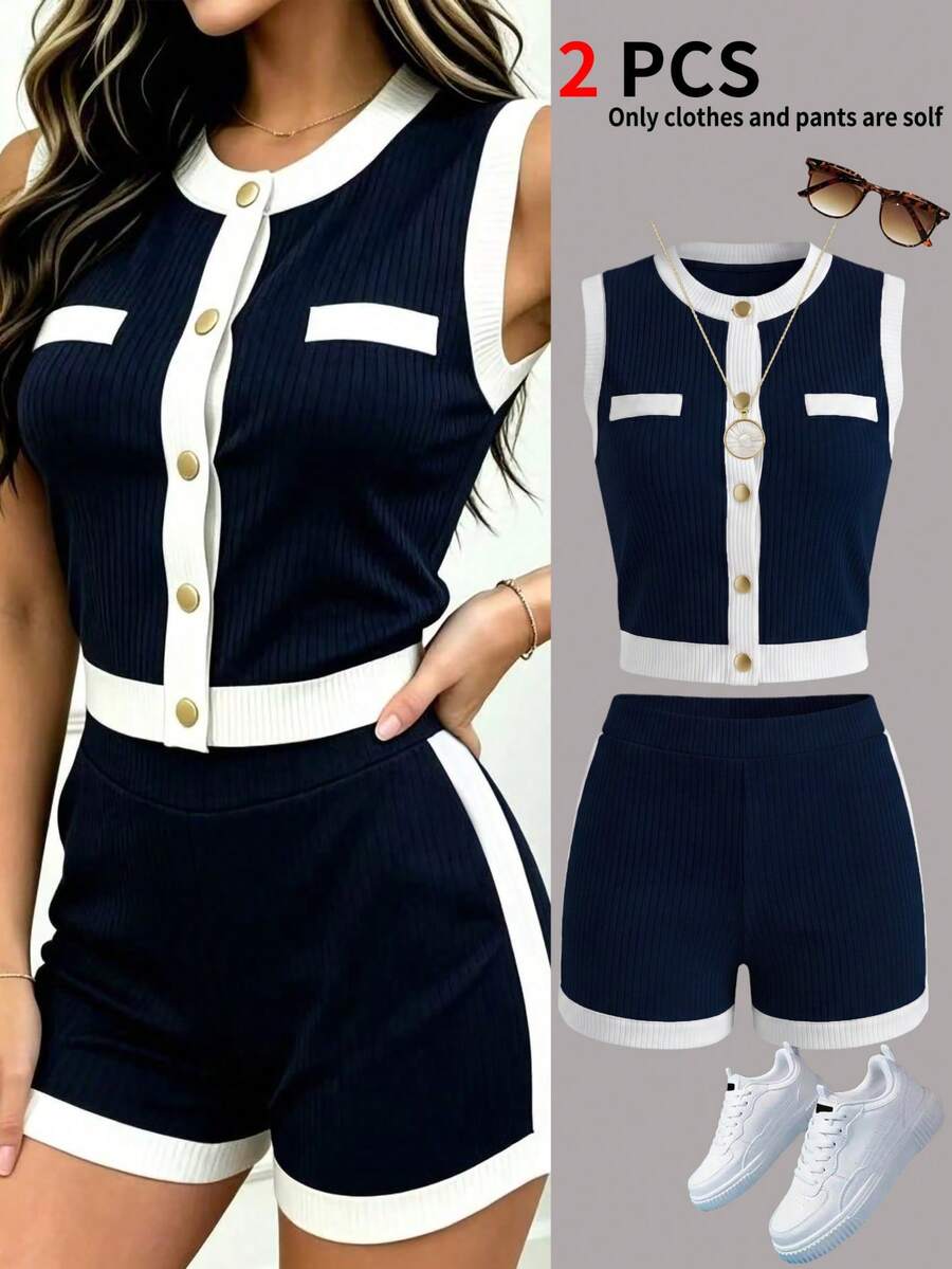 2pcs/Set Women's Colorblock Ribbed Top And Shorts Casual Two Pieces Set, Navy Blue Elegant Summer - Navy Blue and White - View 1